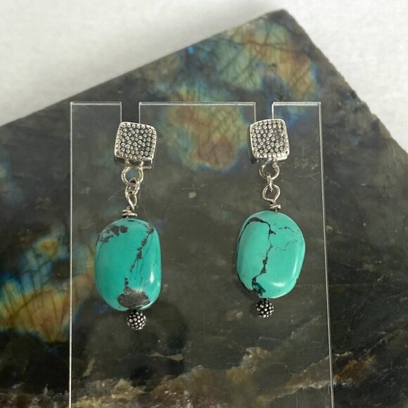 Sterling Silver 925 Southwest Style Beaded Turquoise Square Stud Dangle Earrings - Picture 7 of 16